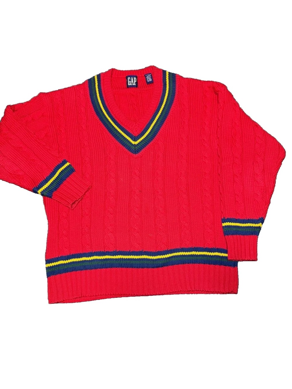 Gap Vintage Cable Knit Sweater Red Tennis Cricket V Neck Mens Size L
